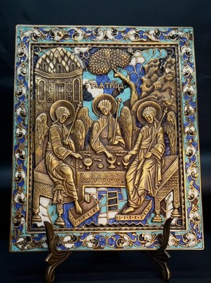 Große Russland Orthodoxe Bronze Ikone Das Alte Testament Dreifaltigkeit. Emailliert!