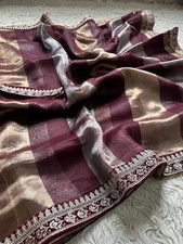 Banarasi Tissue Silk Saree Metallic Striped Designer Lace Border Wedding Sari