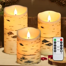 Flameless Birch Bark Candles, Battery Operated Flickering Candles, LED Set of 3