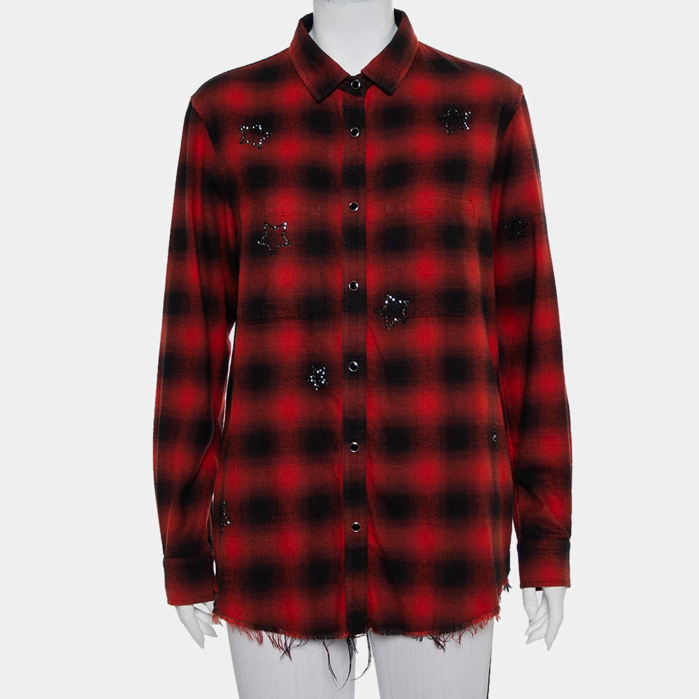 Amiri Red Black Plaided Flannel Crystal Star Embellished Frayed