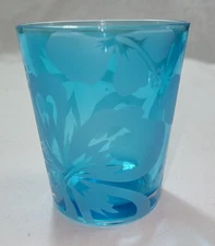 Tumbler Blue Glass 1960's MCM Blue W/ Flower Etching Vintage 