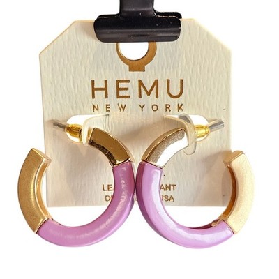 Hoop Earrings Purple, Gold Tone Chunky Acrylic 1.19'' HEMU New York w/ Gift Bag