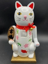 HTF Lucky Chinese Cat Kitten Holding Sign Fish Floral Red Wooden 7" Nutcracker