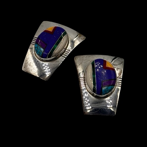 Fred Maloney Navajo Sterling Silver Inlay Lapis Turquoise Signed Post Earrings