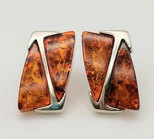 Große Bernstein Ohrstecker 925er Sterlingsilber Rechteck Muster Amber earrings 