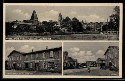 AK Nusse /Lauenburg, Warenhaus v. H. Siemers, Dorfstrasse, Ortsansicht mit Kirc 