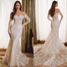 Sexy Mermaid Strapless Wedding Dresses Long Sheer Sleeves Applique Bridal Low