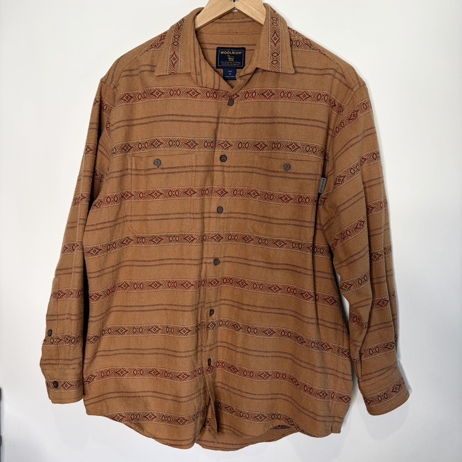 Woolrich Flannel Western Button Up Brown Tan Striped Men Size M