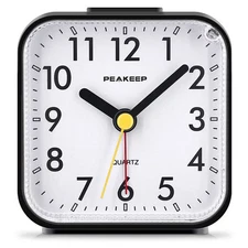 Peakeep Small Battery Operated Analog Travel Alarm Clock Silent No Ticking, L...
