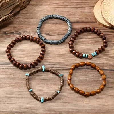 Bracelet Homme Pierre Naturelle Bois Bohème Vintage Lot 5 Perles Style Chinois - Photo 1/4