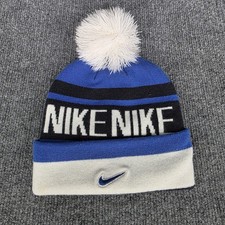 Nike Beanie Hat Blue White Knit Pom NIKE Logo Winter One Size Youth Red tag