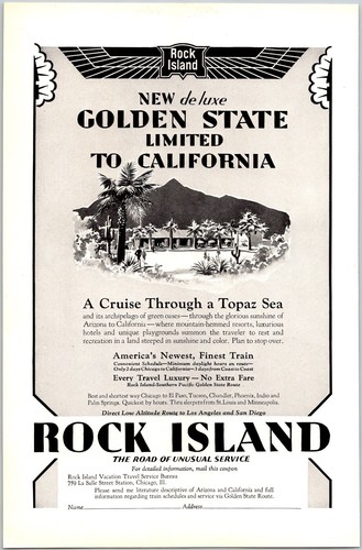 PRINT AD 1929 Rock Island De Luxe Golden State Limited to California 6.75 x 10
