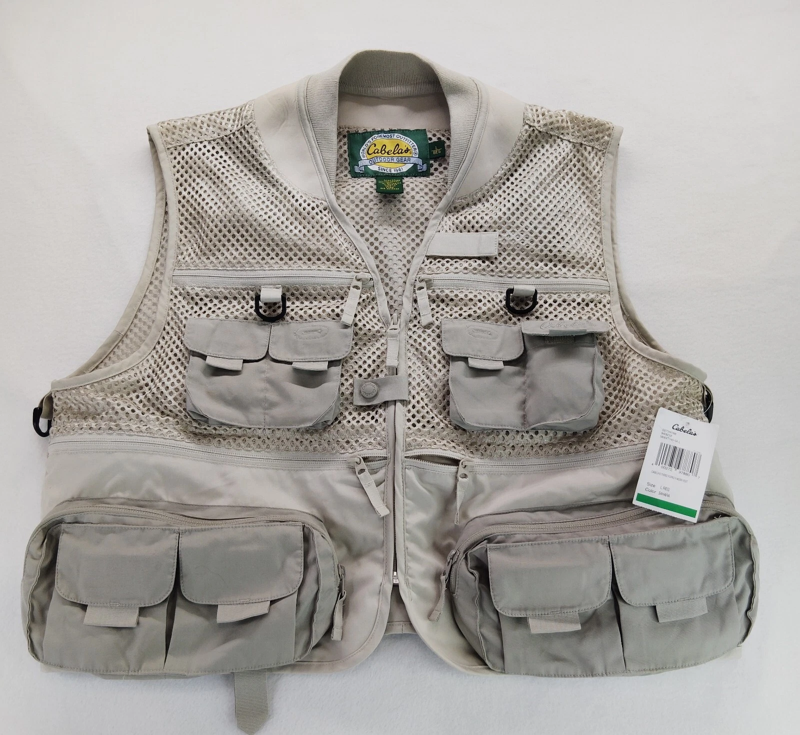 Cabelas Fishing Hunting Utility Vest Multipocket Mens Large Tan Mesh Cotton Zip