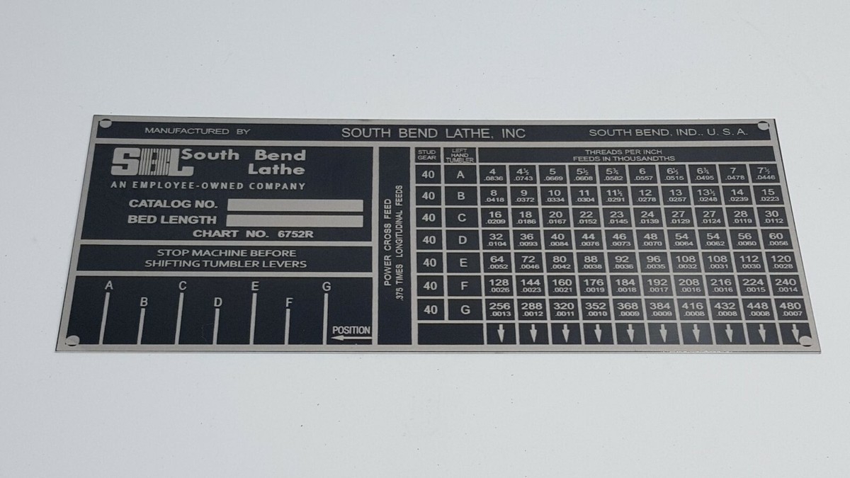 SOUTH BEND LATHE Heavy 10L Thread Threading Plate Tag Chart No