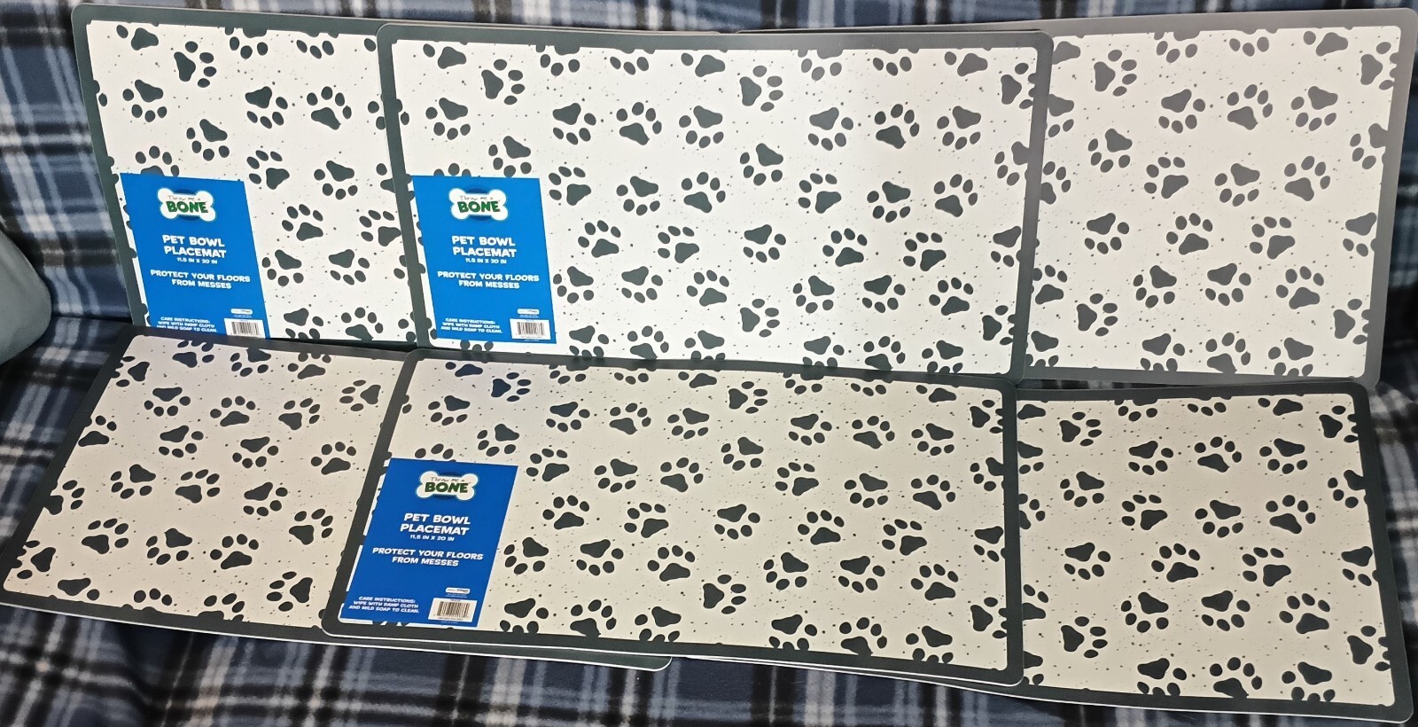 Mat Dog Cat Placemats Feeding Non Slip 20in X 11.5in Blue White Paws