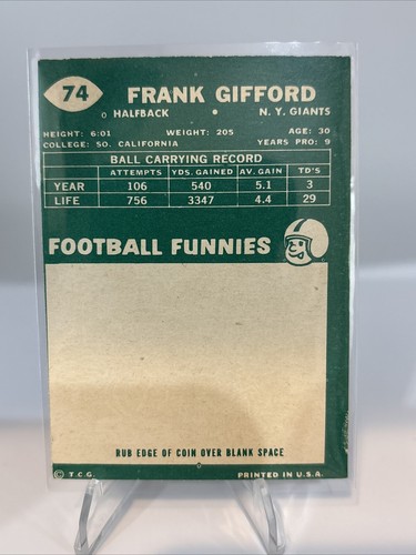 1960 Topps Fútbol #74 Frank Gifford Salón de la fama Excelente New York Giants - Imagen 2 de 2