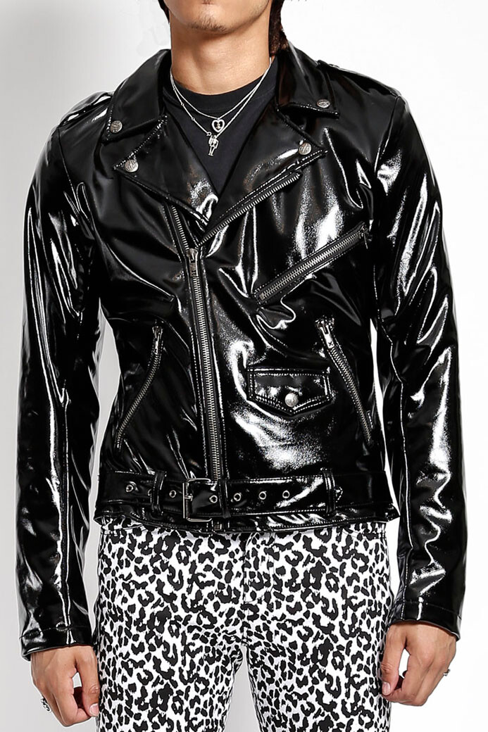 Tripp Punk Rock Faux Leather Way Stretch Mens Moto Jacket Black Vinyl M L  NEW