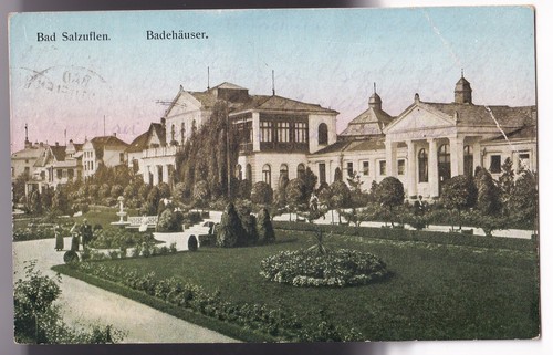 BAD SALZUFLEN 1923: BADEHÄUSER und KURPARK, colorierte Foto - Karte, gelaufen
