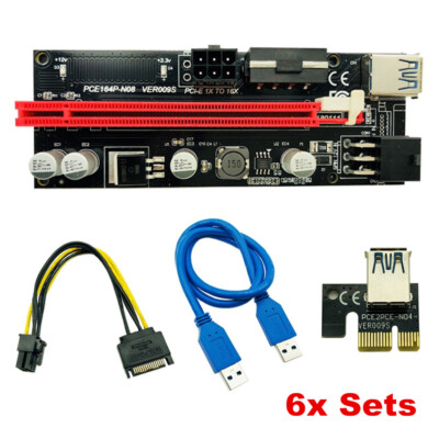 6 Sets USB 3.0 PCIE Riser Card Ver009S 1X 4X 8X 16X Extender Adapter 15 to 6 pin