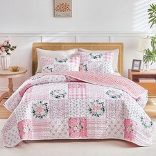 Queen Floral Patchwork Quilt Set - 3 Piece Cotton Bedding, Pink White Design
