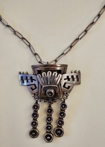 Vintage Tribal Pendant Mexico VOO Sterling Silver 925 Brooch Necklace Aztec Rare