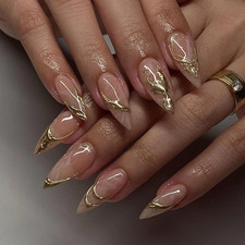 Gold Press on Almond False Nails - Medium Fake Nails with 3D Gold Chrome Design