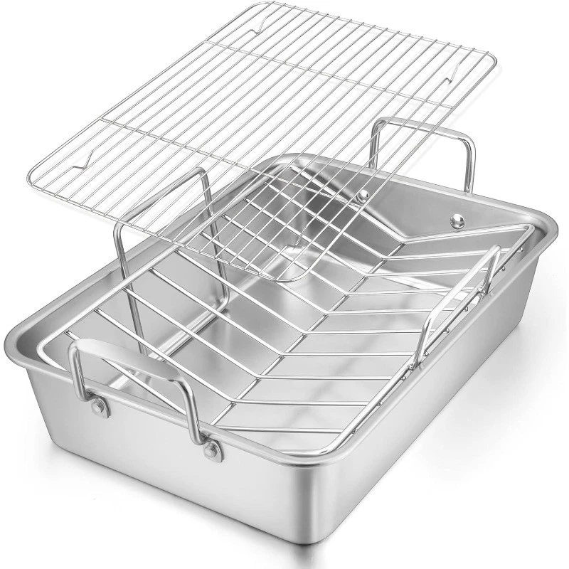 Roasting Pan 16x11.5 Inch Stainless Steel Turkey Roaster W/ V-shaped & Flat Rack
