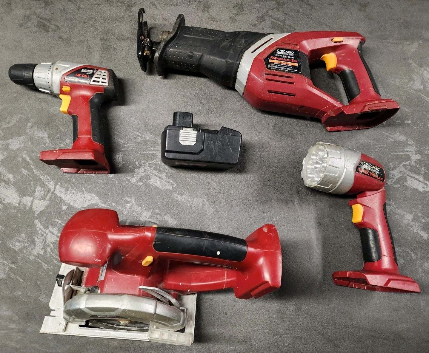 Chicago Electric 18V Cordless Power Tool Lot &ndash; Drill, Saw, Recip Saw, Light, Bat