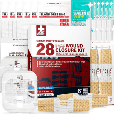 Wound Closure Kit | 28 Pcs All-in-One First Aid with Suture-Free, Stitchless Zip