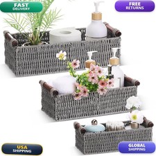 Boao 3 Pcs Wicker Storage Baskets Grey Rectangle for Toilet Tank Top