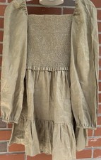 Quince Washed Olive European Linen Smocked Mini Dress Long Sleeve Sz S