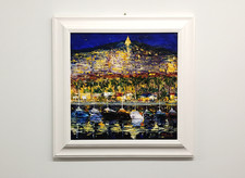 Mario Borella, il Porto di Sanremo Notturno, Quadro ad Olio su Tela 40 x 40