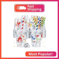 FoldTier 50 Pcs Dinosaur Cups for Kids 12 oz Disposable Plastic Cups with Straws
