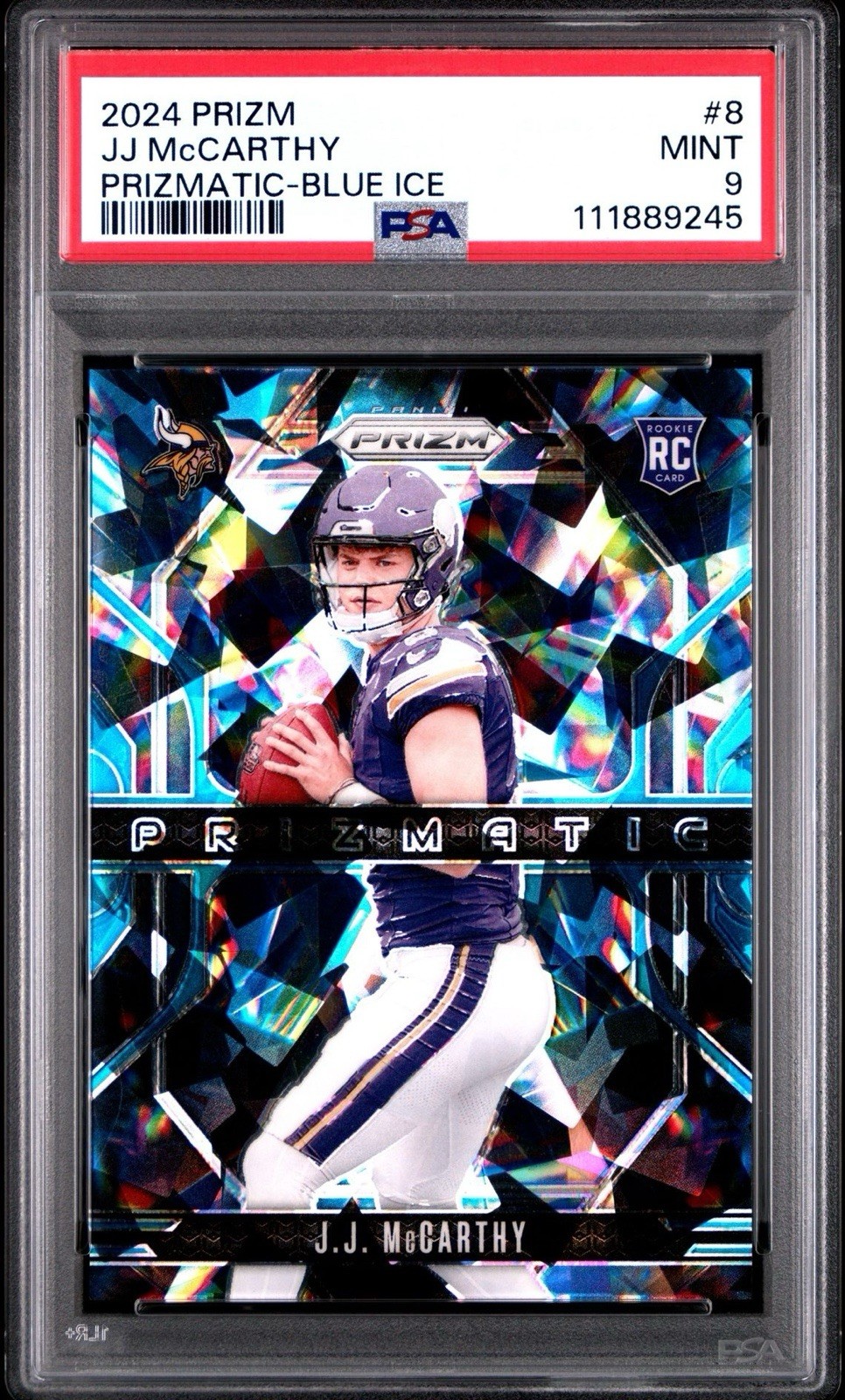 2024 JJ McCarthy Panini Prizm Football RC #8 Prizmatic-Blue Ice /99 Graded PSA 9
