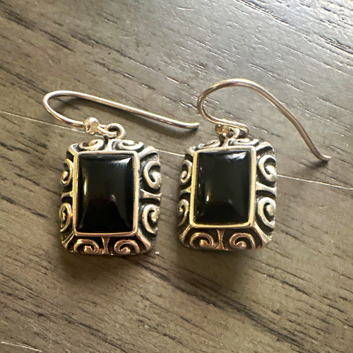Barse 925 Sterling Silver Black Onyx Rectangle Barse Dangle Hook Earrings