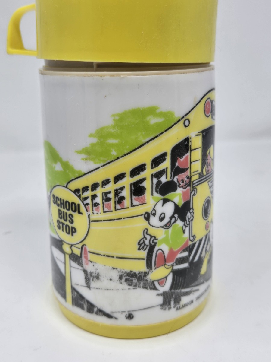 VTG Mickey Mouse School Bus Stop by Aladdin Plastic Thermo Bottle 8 Oz