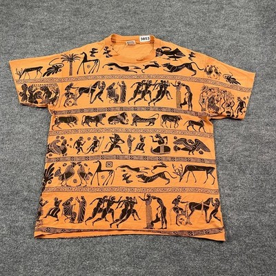 Vintage 90s Ancient Greek Hieroglyphics Pottery Art AOP Shirt XL 23x27 Mythology