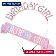 PQRUU Glitter Birthday Sash, Tiara and Rhinestone Headband Set - Pink Birthday A