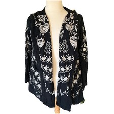 Johnny Was Hooded Small Cardigan Floral Embroidered Black White Geometric Coat