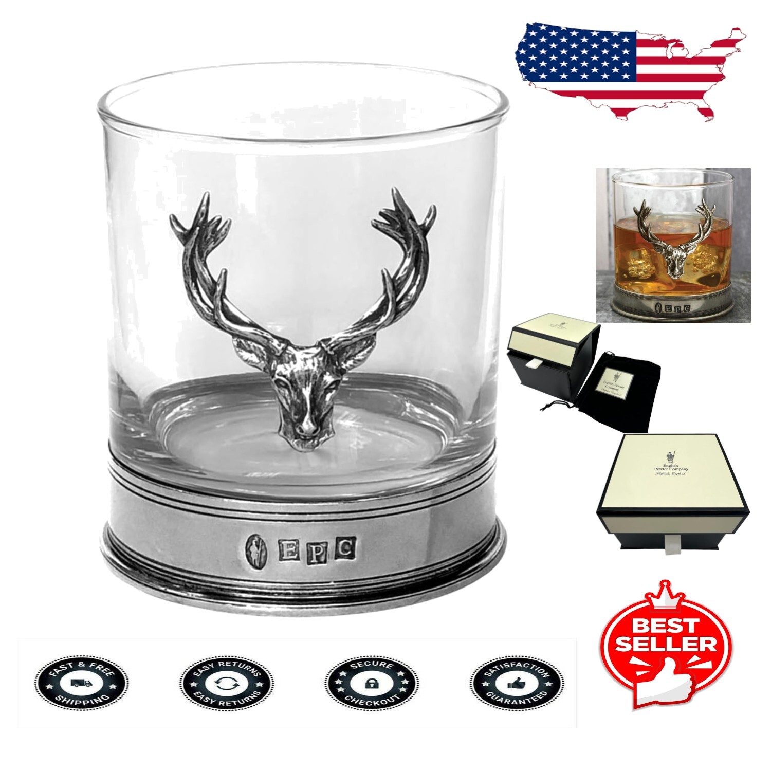 Elegant 11oz Whisky Glass with Pewter Stag Design - Gift Packaging-image