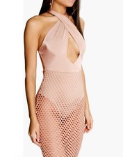 Boohoo Rae Crossover Top Mesh Skirt Overlay Midi Dress SZ 12 Dark Gold Clubbing