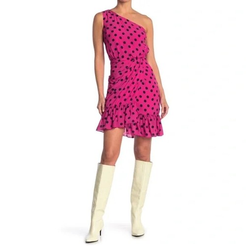 10 Crosby Derek Lam NWT Taula One Shoulder Ruffle Hem Dress Pink Polka Dots New