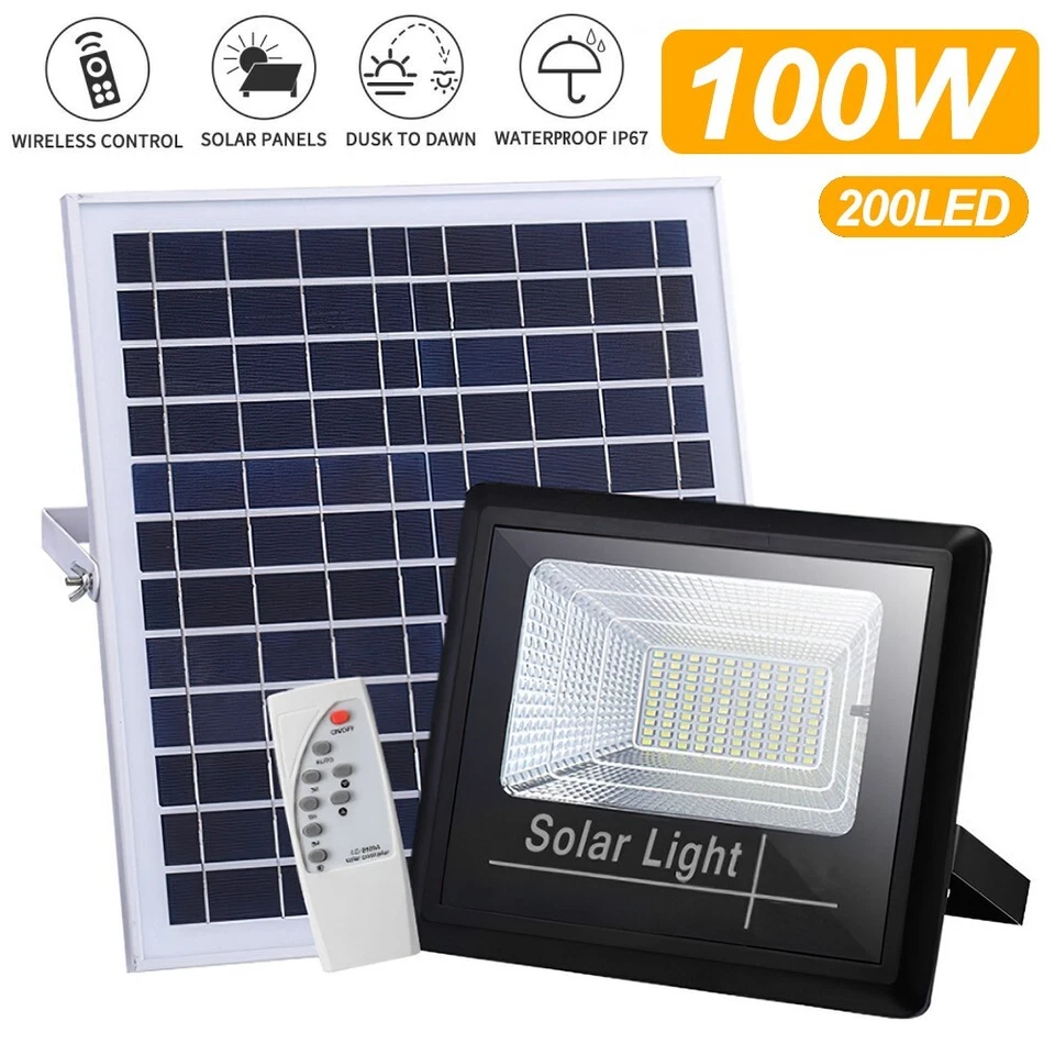 100W LED Solar Floodlight Panel Street Lights Outdoor Waterproof Remote Control