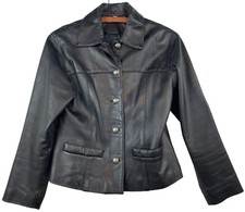 Harolds Women’s S Lined Leather Black Collared Silver Crest Metal Button Jacket