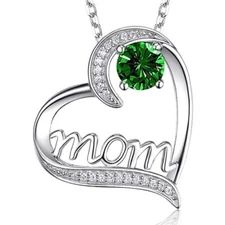 Love Mom Heart Necklace - Silver & Green Crystal Chain Pendant, Mother's Day Gif