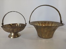 2 Vintage Brass Baskets With Movable Handle, Trinket Dish, Decor