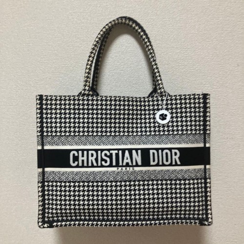 Christian Dior Houndstooth Book Tote Medium Gray Black Canvas Shoulder Tote Bag