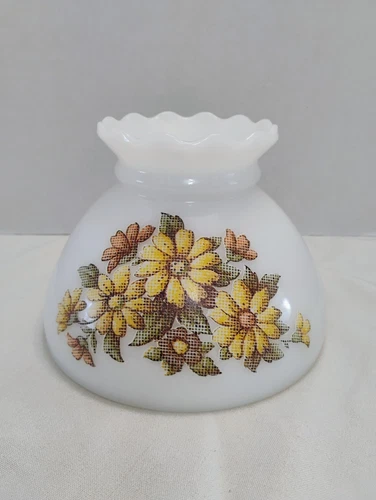 Vtg White Milk Glass Hurricane / Oil Lamp Shade Petit Point Floral Ruffled Top
