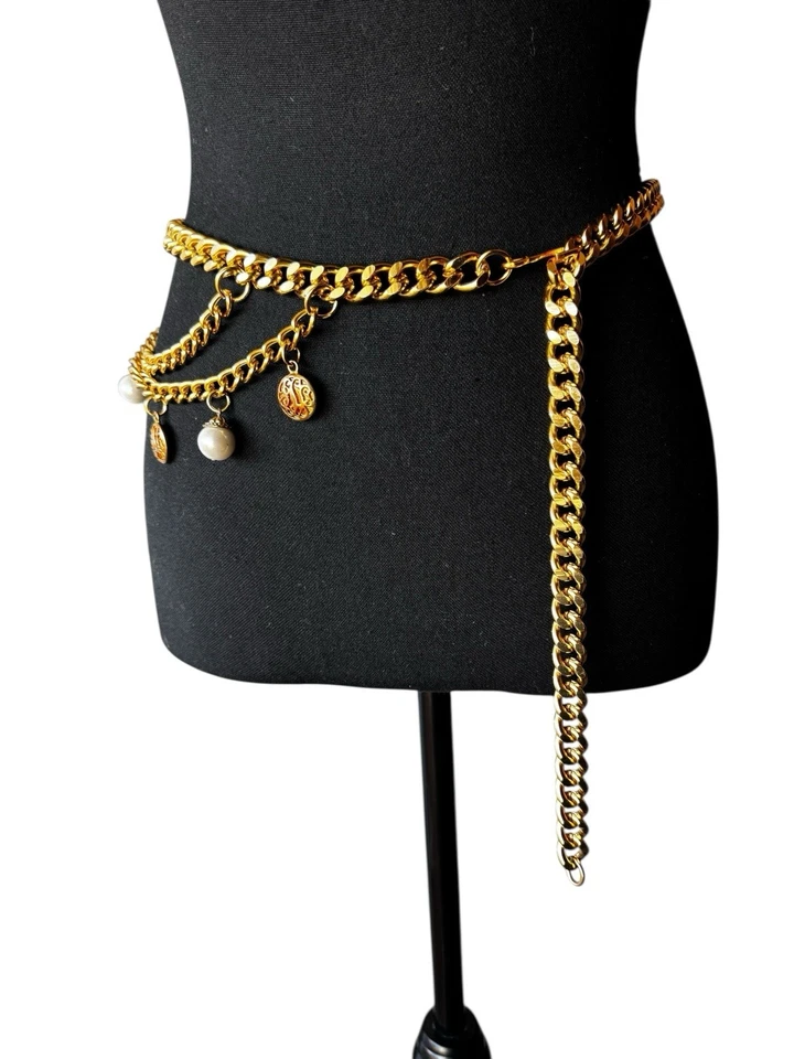 Vintage 90’s Gold Medallion Triple Chain Waist Belt Multi Layer Pearls 38” - Image 3 of 4