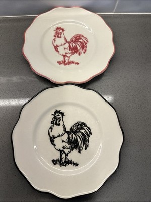 2- Rooster Barnyard Toile Salad/Desert Plates Red/White Black/White Andrea Sadek